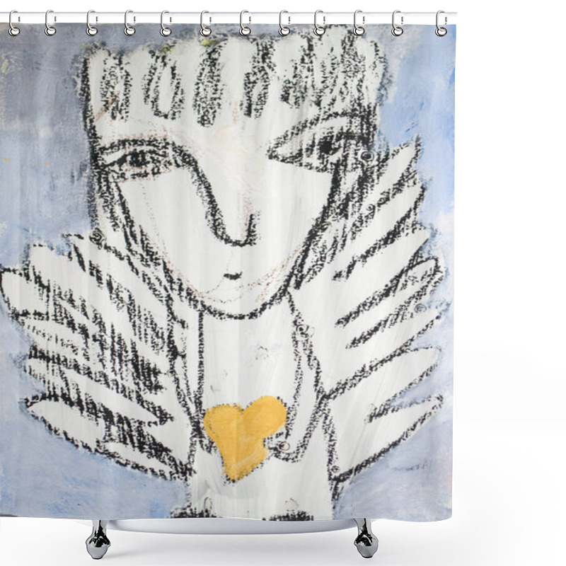 Personality  Beautiful Acrylic Painting On Canvas Of A Mysterious Angel In Heart Surrounded By Abstract Wing. Shower Curtains