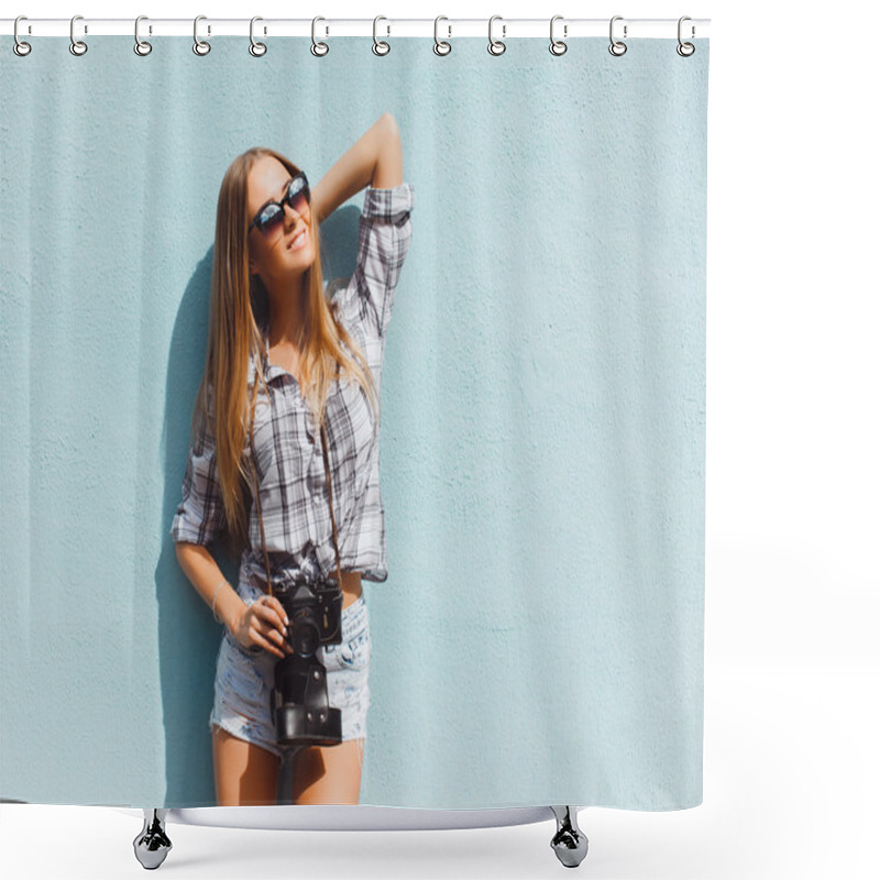 Personality  Hipster Girl With Oldschool Film Camera Shower Curtains