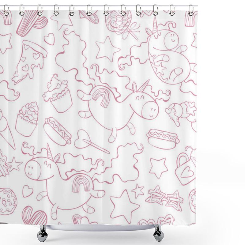 Personality  Unicorns And Sweets. Cartoon Print. Seamless Vector Pattern (background). Shower Curtains