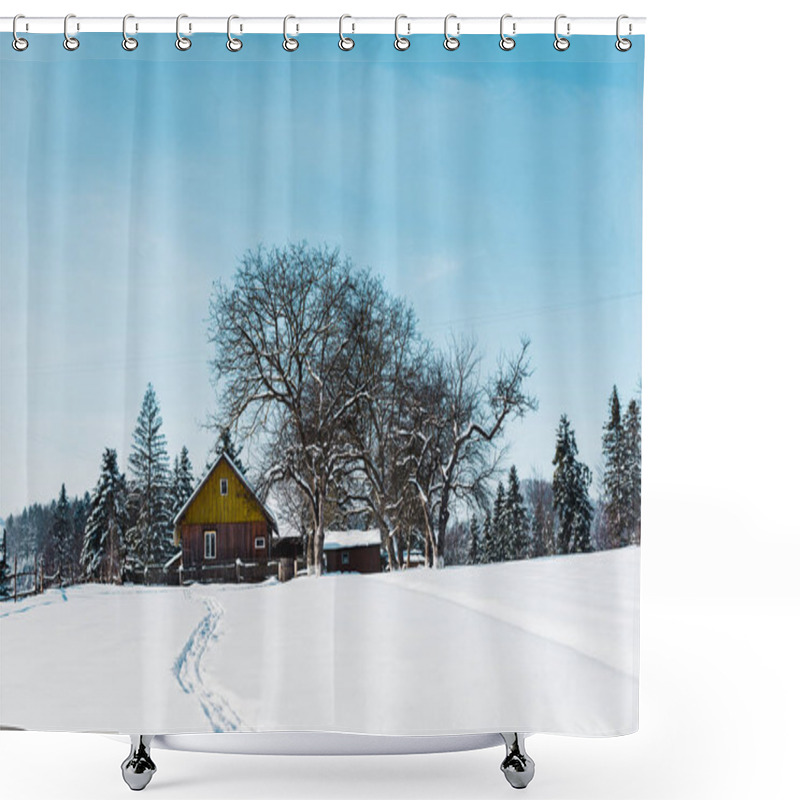 Personality  Small Village In Carpathian Mountains Near Forest With Traces On Snow Shower Curtains