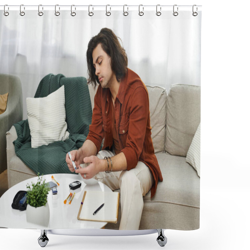 Personality  In A Stylish Apartment, A Young Man Focuses On Measuring Blood Sugar Levels, Showcasing His Routine. Shower Curtains