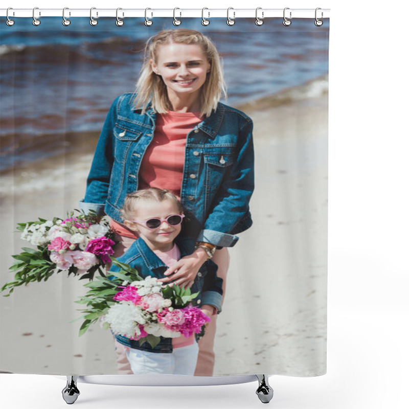 Personality  Mother And Daughter With Peony Bouquets On Sea Shore Shower Curtains