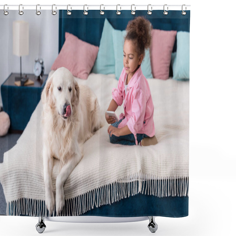 Personality  Cute African American Kid Sitting On The Bed With Smartphone And Golden Retriever Shower Curtains