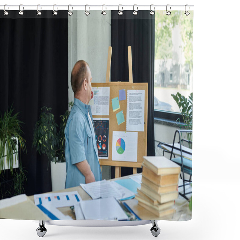 Personality  A Man With Inclusivity In A Blue Shirt Stands Near A Bulletin Board, Reviewing Charts And Data. Shower Curtains