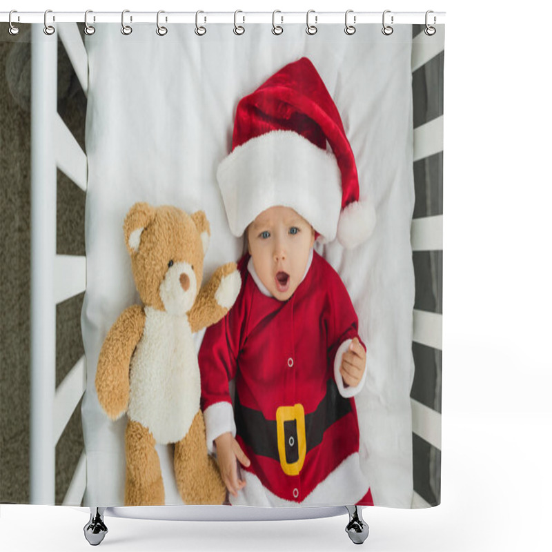 Personality  Top View Of Happy Little Baby In Santa Suit Lying In Crib With Teddy Bear Shower Curtains