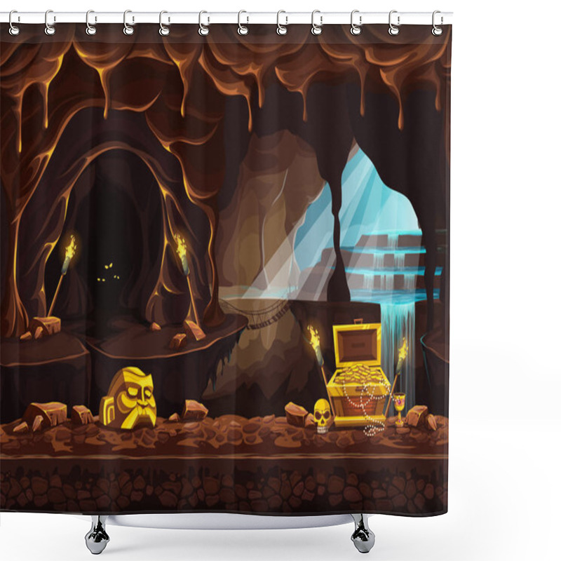 Personality  Illustration Of The Treasure Cave With A Waterfall And Chest Shower Curtains