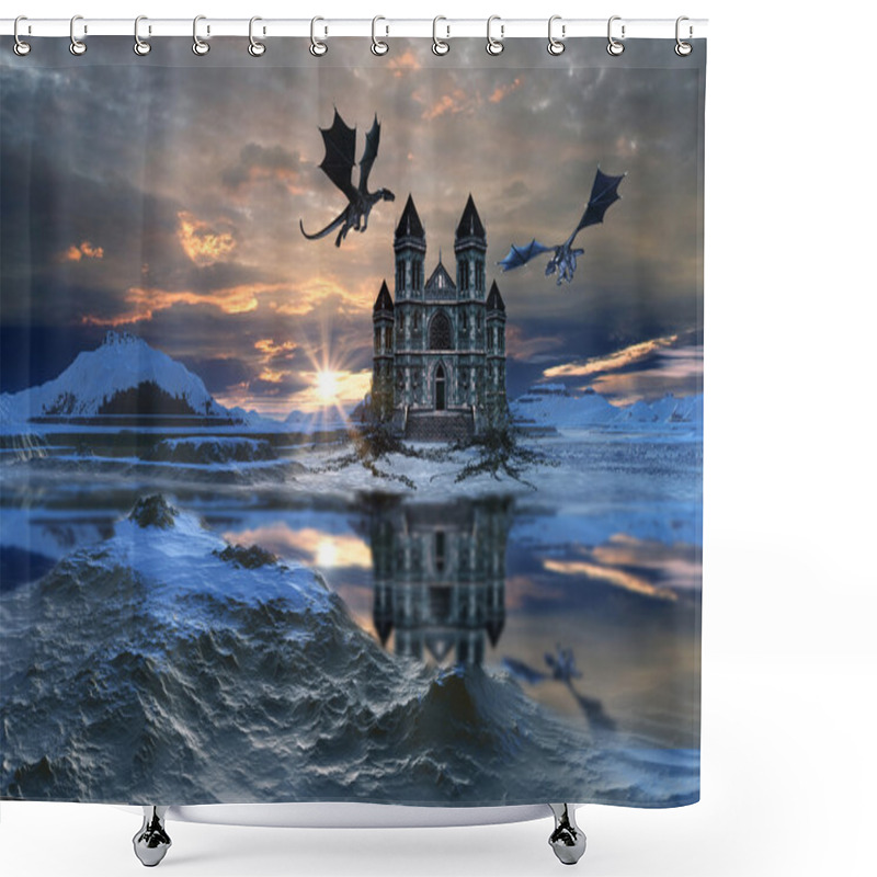 Personality  Fantasy Landscape With A Castle And Dragons Shower Curtains