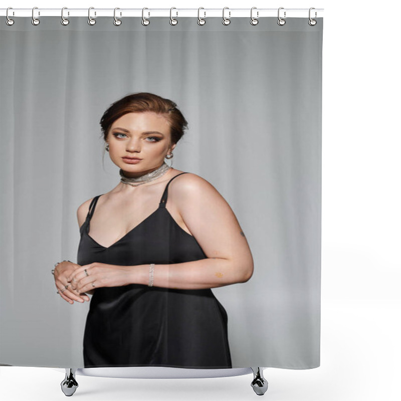 Personality  A Confident Young Woman Commands Attention In Her Elegant Outfit, Showcasing Grace And Poise. Shower Curtains