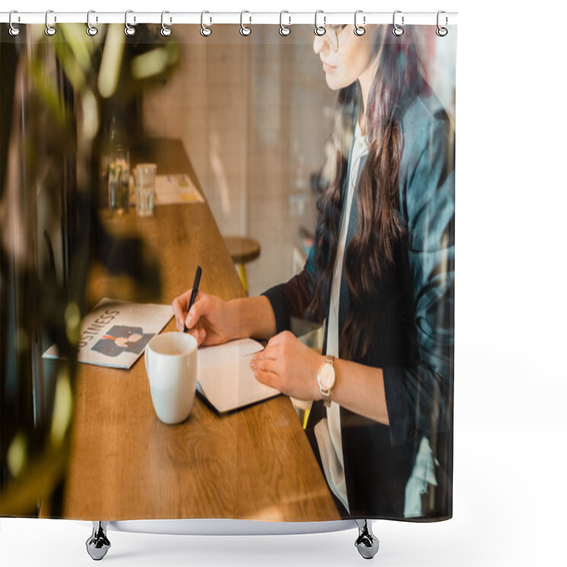 Personality  Female Freelancer Writing In Diary At Table With Coffee Cup And Business Newspaper In Coffee Shop Shower Curtains