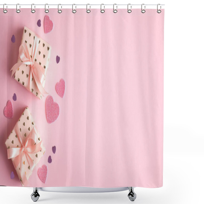 Personality  Valentines Day Card Template. Gift Boxes And Hearts On Pink Background. Valentine's Day Celebration Concept. Creative Design For Greeting Card, Party Invitation, Banner, Flyer Shower Curtains