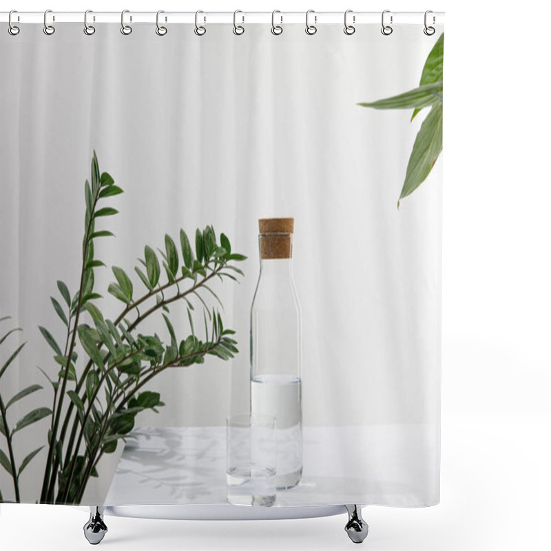 Personality  Glass And Bottle Of Fresh Water Near Green Plants On White Surface Isolated On Grey Shower Curtains