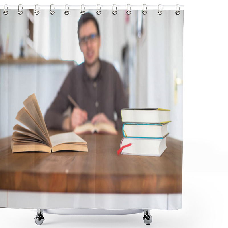 Personality  Male Student Researching And Learning At Home. Stack Of Books, Person In Blurry Background. Shower Curtains