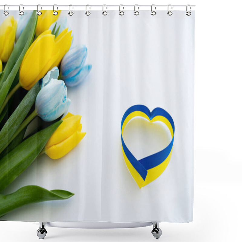 Personality  Blue And Yellow Ribbon In Heart Shape Near Flowers On White Background  Shower Curtains