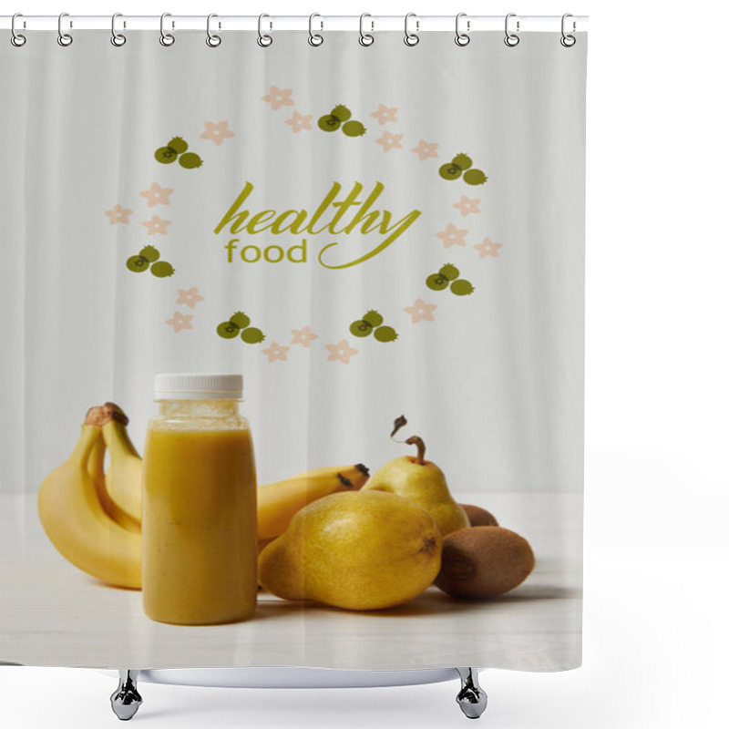 Personality  Yellow Detox Smoothie In Bottles With Bananas, Pears And Kiwis On White Background, Healthy Food Inscription Shower Curtains