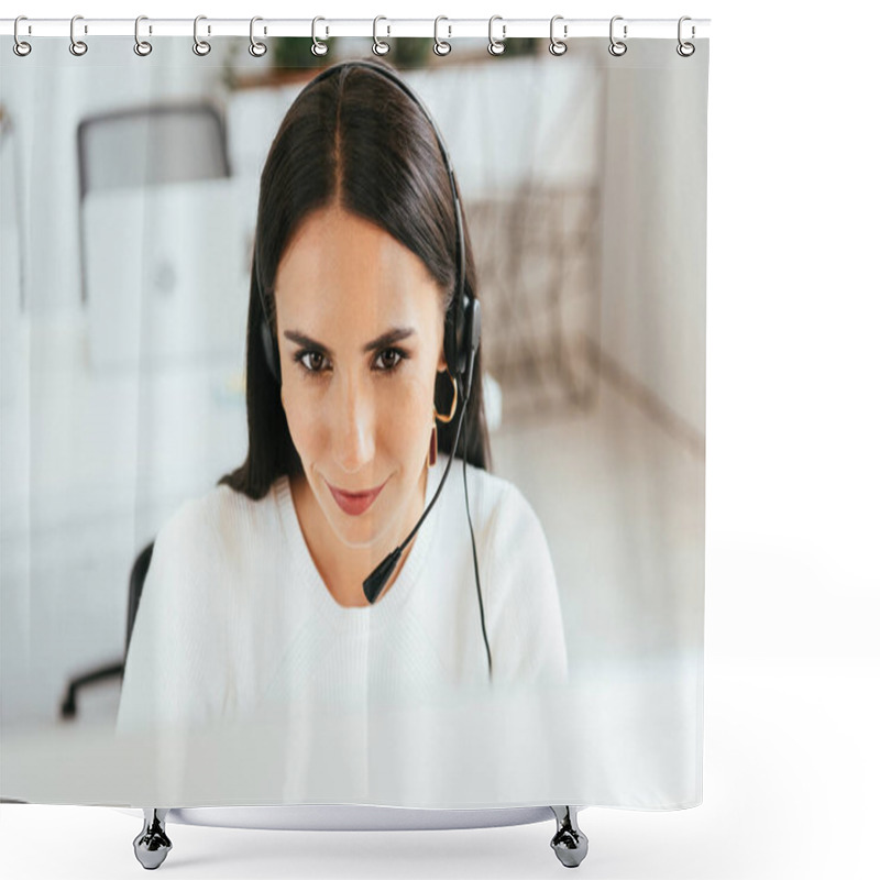 Personality  Selective Focus Of Attractive Broker In Headset Working In Call Center  Shower Curtains