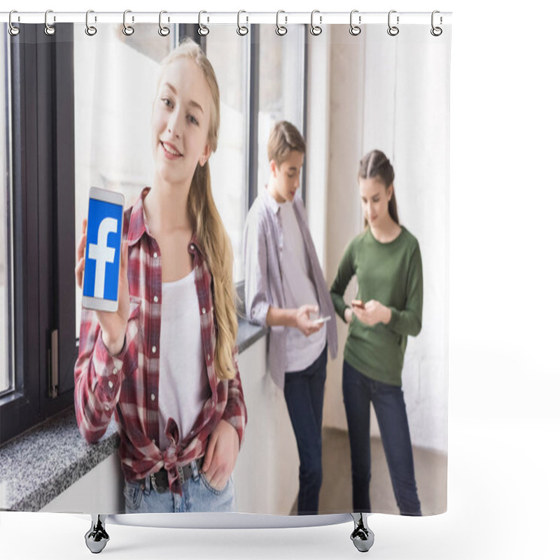 Personality  Teenage Girl Showing Smartphone Shower Curtains