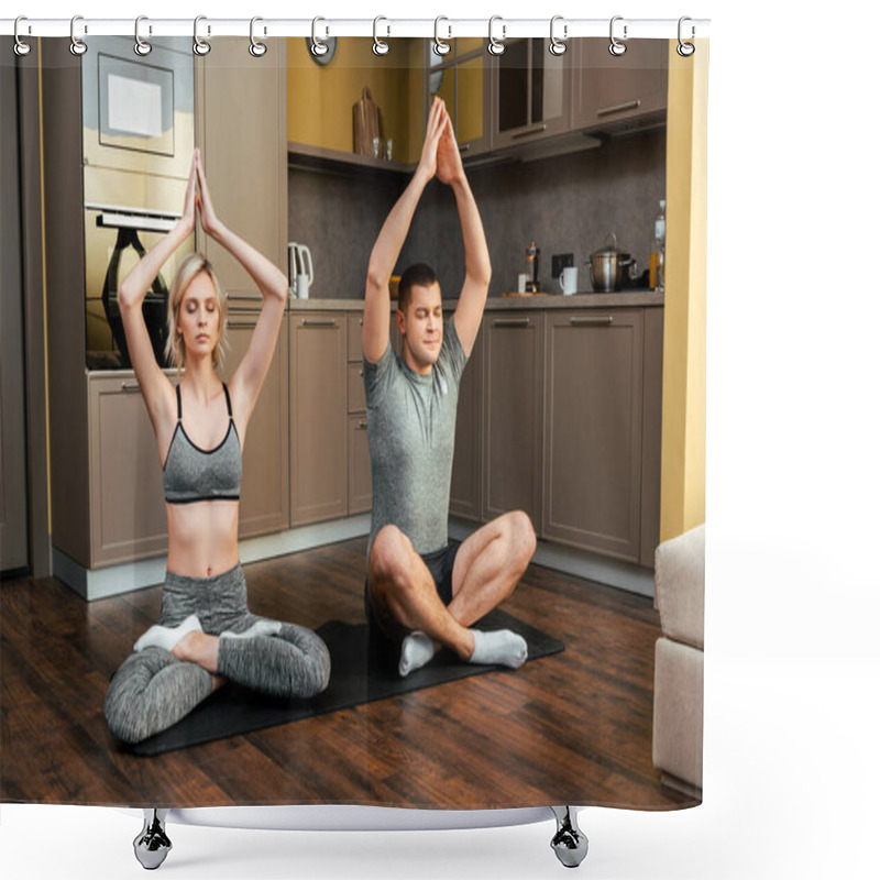 Personality  Young Couple Practicing Yoga Together In Lotus Pose At Home During Quarantine Shower Curtains