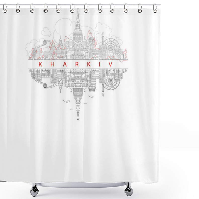 Personality  Illustration Of Burning Kharkiv City With Reflection On White Shower Curtains