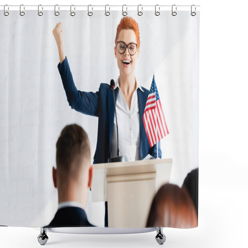 Personality  Excited Political Agitator Showing Winner Gesture In Front Of Voters In Conference Hall Shower Curtains