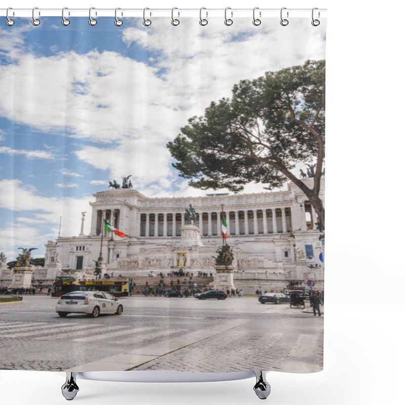 Personality  ROME, ITALY - 10 MARCH 2018: Beautiful Ancient Building Of Altare Della Patria With Cars And People On Piazza Venezia (Venezia Square) Shower Curtains