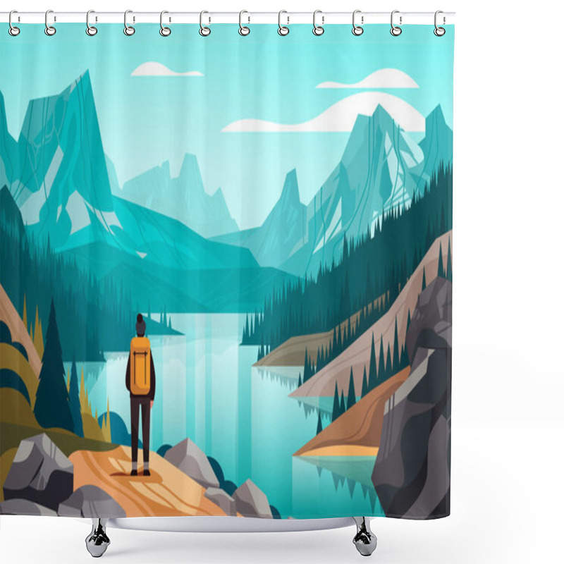 Personality  Rear View Of Tourist With Backpack Travels Along Mountains And Enjoying The View Over Beautiful Nature Landscape Travelling Hiking Concept Horizontal Vector Illustration Shower Curtains