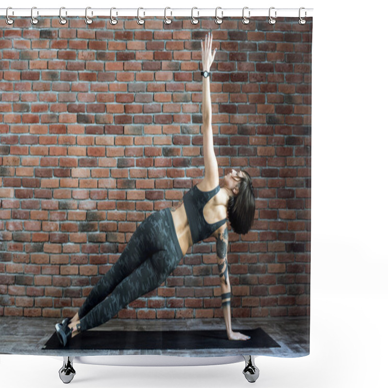 Personality  Tattooed Female Doing Exercises Indoors, Sporty Woman Practicing Yoga Shower Curtains