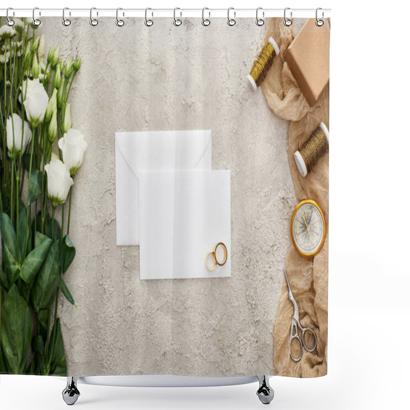 Personality  Top View Of Pair Of Wedding Rings On Empty Card, Eustoma Flowers, Gift Box, Compass, Scissors And Bobbins On Beige Sackcloth On Textured Surface  Shower Curtains