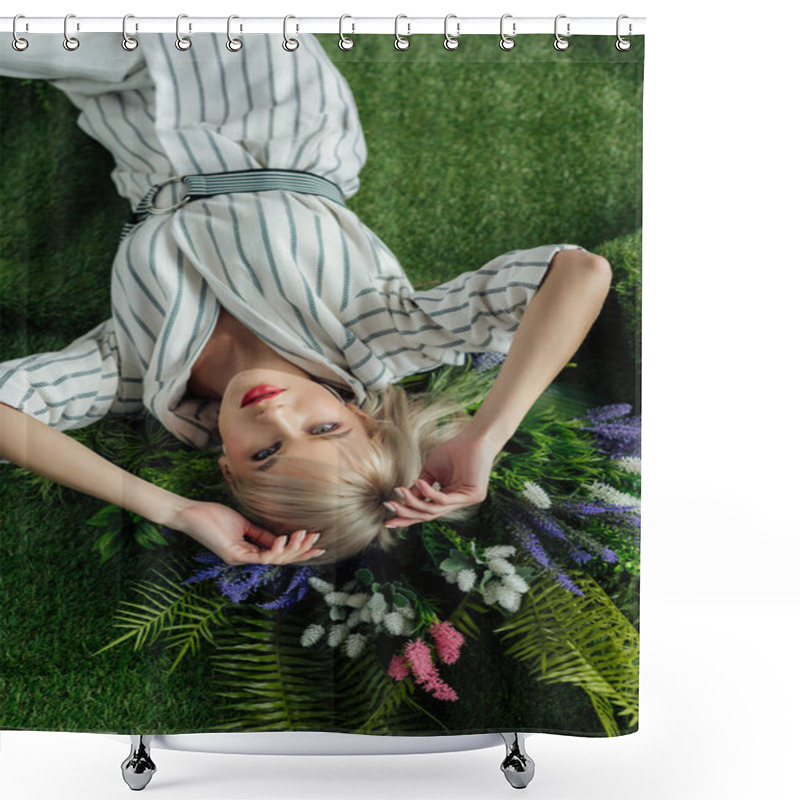 Personality  Top View Of Beautiful Stylish Girl Lying On Artificial Grass With Fern And Flowers Shower Curtains