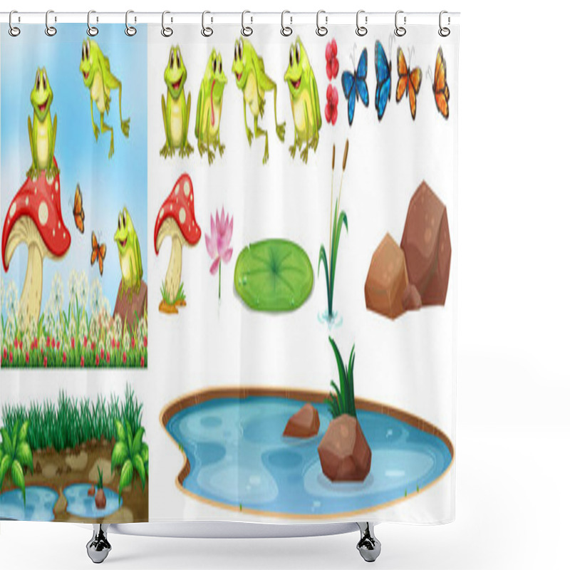 Personality  Background Scene With Happy Frogs In The Pond Illustration Shower Curtains