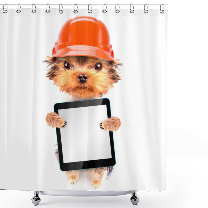 Personality  Dog  Dressed As Builder With Tablet Pc Shower Curtains