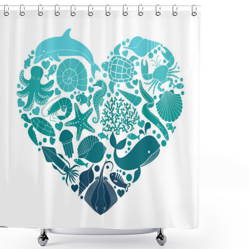 Personality  A Sea Or Ocean Of Underwater Life With Different Animals And Marine Objects United In A Heart Shape. Shower Curtains