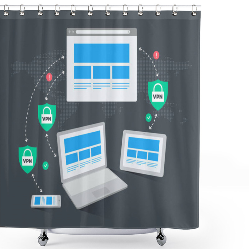 Personality  VPN Network Security Infographics - Dark Version. Three Devices With Secure Connection To A Web Page. Easy To Use For Your Website Or Presentation. Shower Curtains