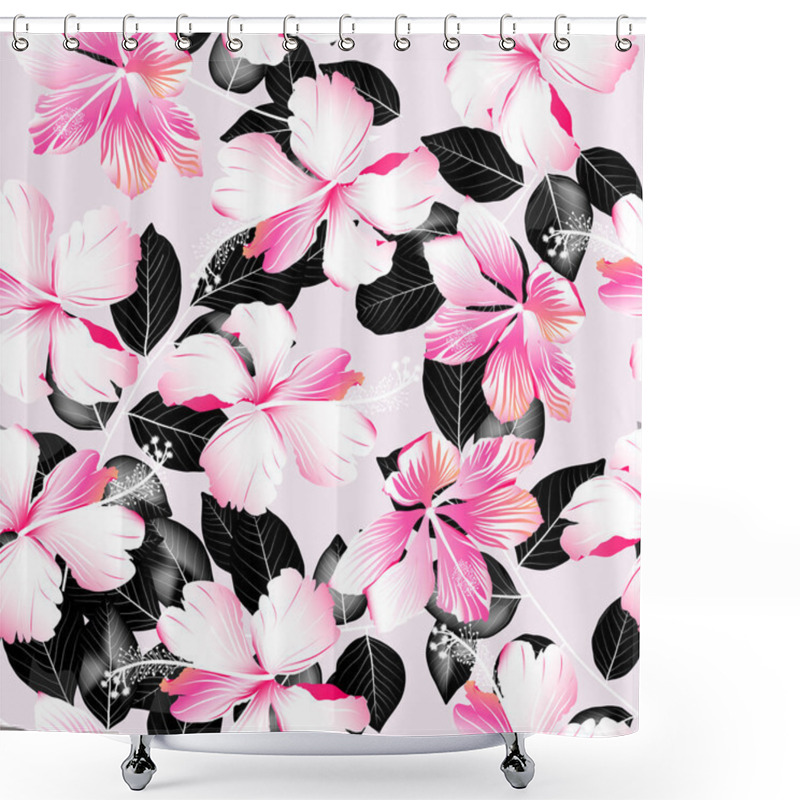 Personality  Tropical Hibiscus Flowers With Black Leaves Seamless Pattern Shower Curtains