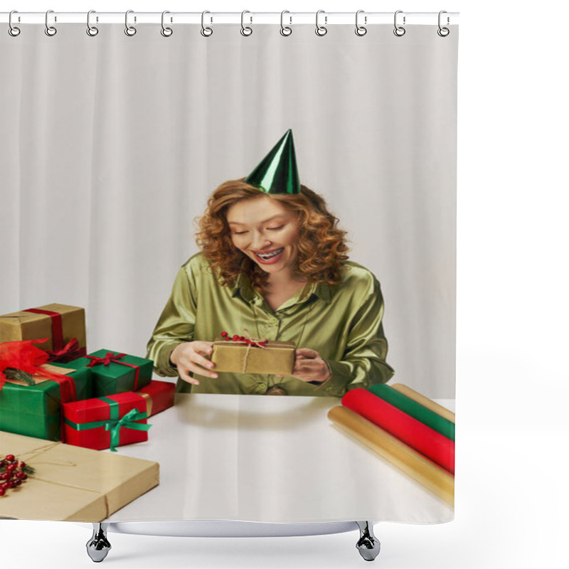 Personality  A Young Woman Wrapped In A Green Shirt Joyfully Holds Gifts While Wearing A Party Hat. Shower Curtains