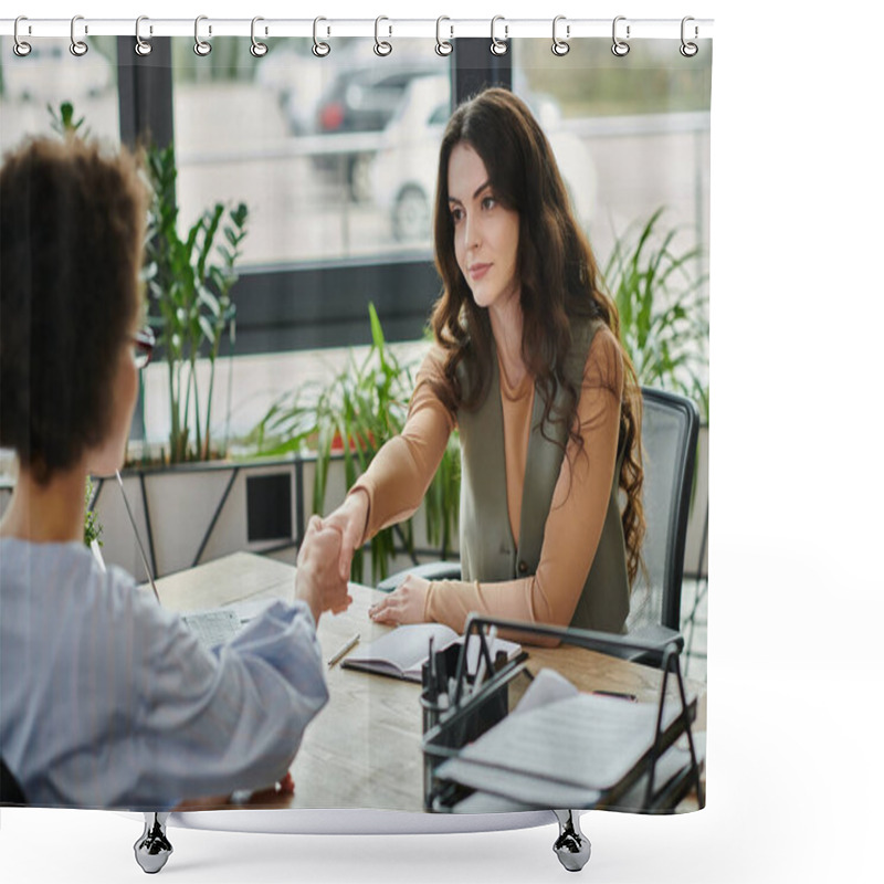 Personality  Two Professionals Discuss Important Matters While Shaking Hands In An Office. Shower Curtains