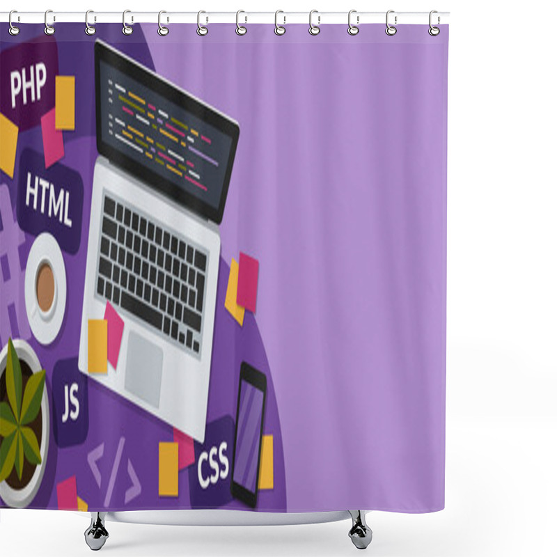 Personality  Web Development And Coding Concept Web Banner With Copy Space On Purple Background. Flat Lay Illustration Of A Programmer Workspace. Shower Curtains