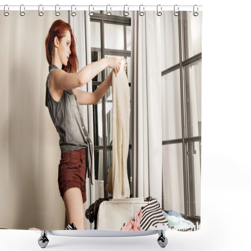 Personality  Attractive Red-haired Young Woman Packing A Travel Bag Before Going On Holiday Shower Curtains