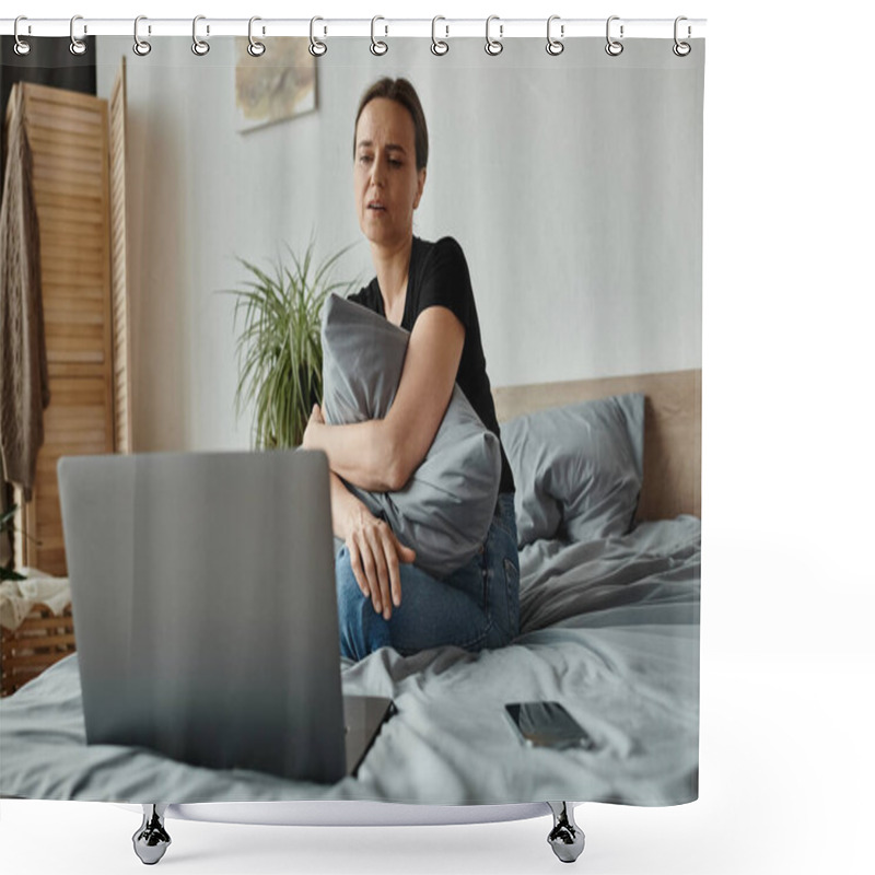 Personality  Middle-aged Woman Finds Solace In Therapy Session On Laptop. Shower Curtains