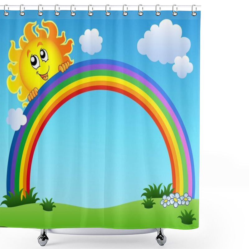 Personality  Sun Holding Rainbow On Blue Sky - Vector Illustration. Shower Curtains