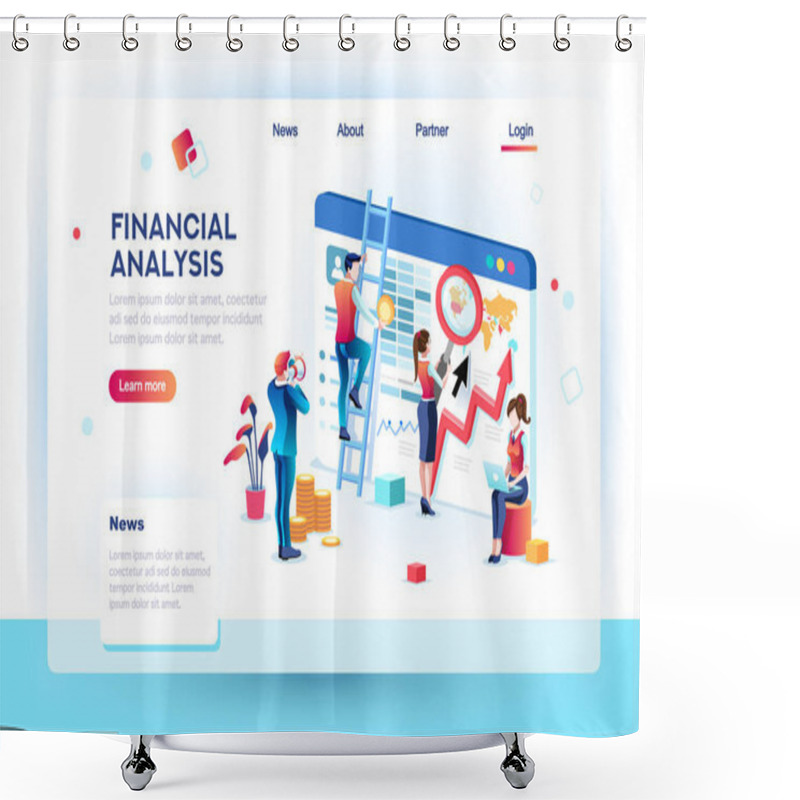 Personality  Finance Analysts. Concept Of Analytics For Website, Small Social Presentation, Magnifying Infographic. Study Global Occupation Concept With Characters And Text. Flat Isometric Vector Illustration. Shower Curtains