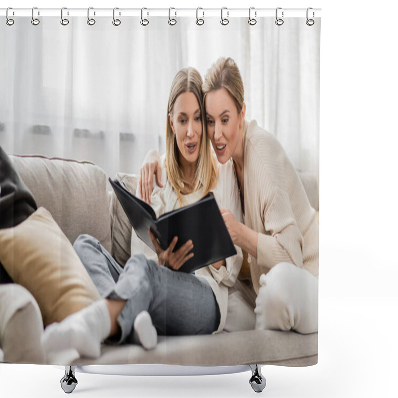 Personality  Surprised Blonde Sisters In Trendy Outfit Looking At Photo Album On White Curtain Backdrop, Bonding Shower Curtains