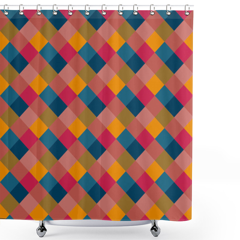 Personality  Seamless Geometric Pattern. Diagonal, Square, Woven Line Background. Patchwork, Rhombus, Checked Texture. Variegated, Children, Festival, Clown, Holiday Colors. Vector Shower Curtains