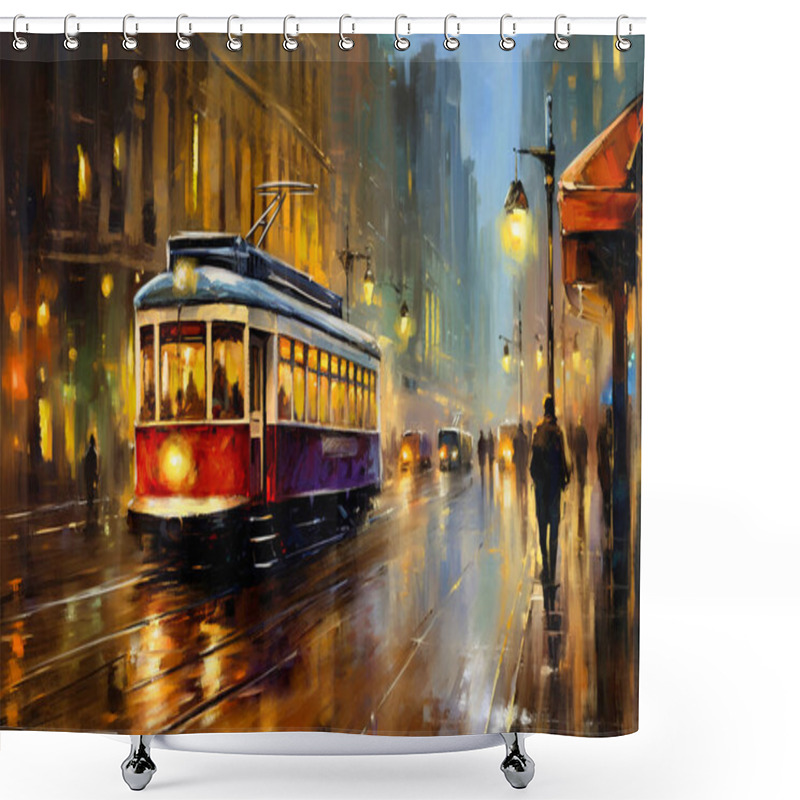 Personality  Tram In Old City, Oil Paintings Landscape Shower Curtains