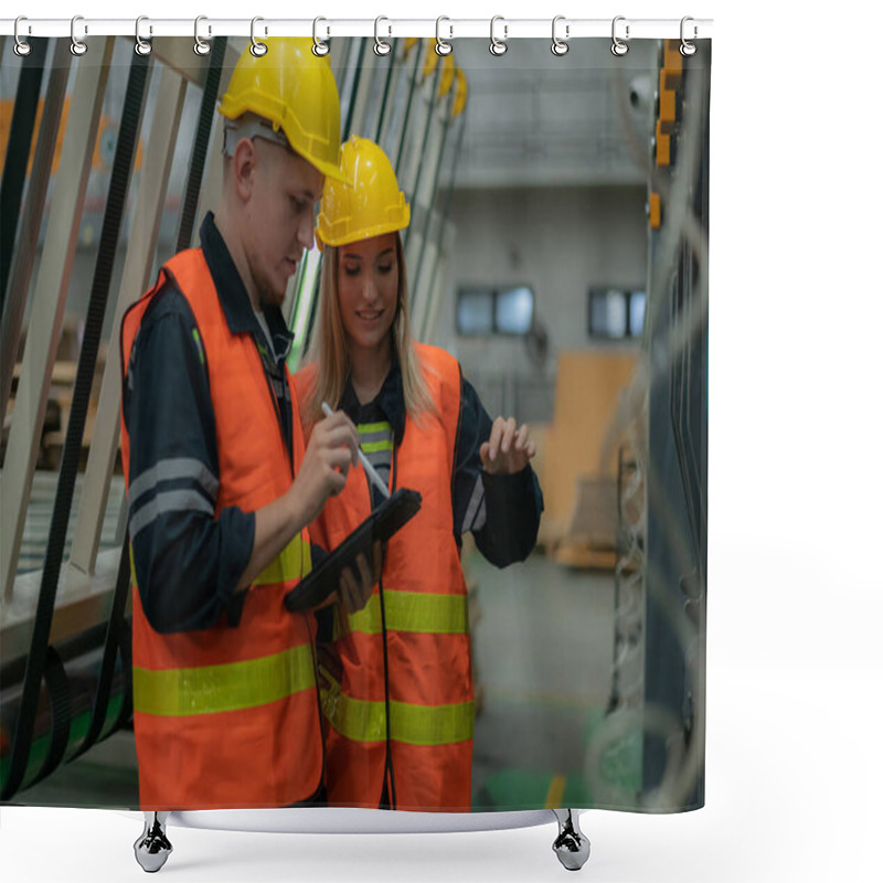 Personality  Workers Collaborating In A Factory Setting. Shower Curtains