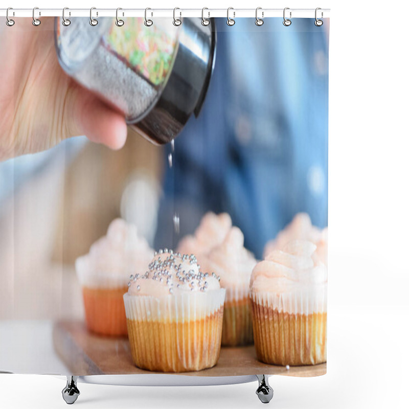 Personality  Woman Putting Confetti On Cupcakes Shower Curtains