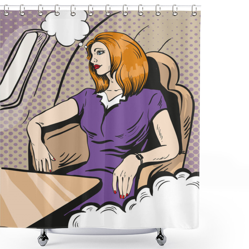 Personality  Girl Siting And Looking Out The Airplane Window. Vector Illustration In Retro Comic Pop Art Style. Business Class Private Jet Shower Curtains