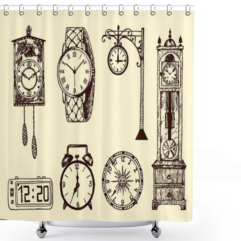 Personality  Vintage Classic Pocket Watch, Alarm Clock, Hourglass And Dial Showing Time. Ancient Collection Elements. Engraved Hand Drawn Old Monochrome Sketch. Shower Curtains