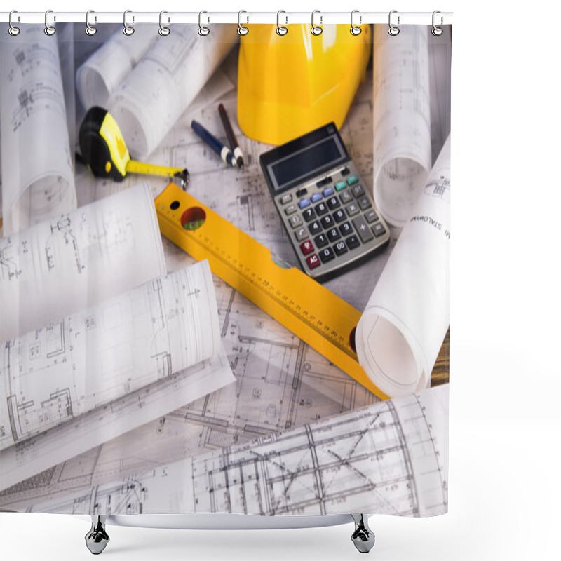 Personality  Architectural Project And Yellow Helmet And House Model Shower Curtains