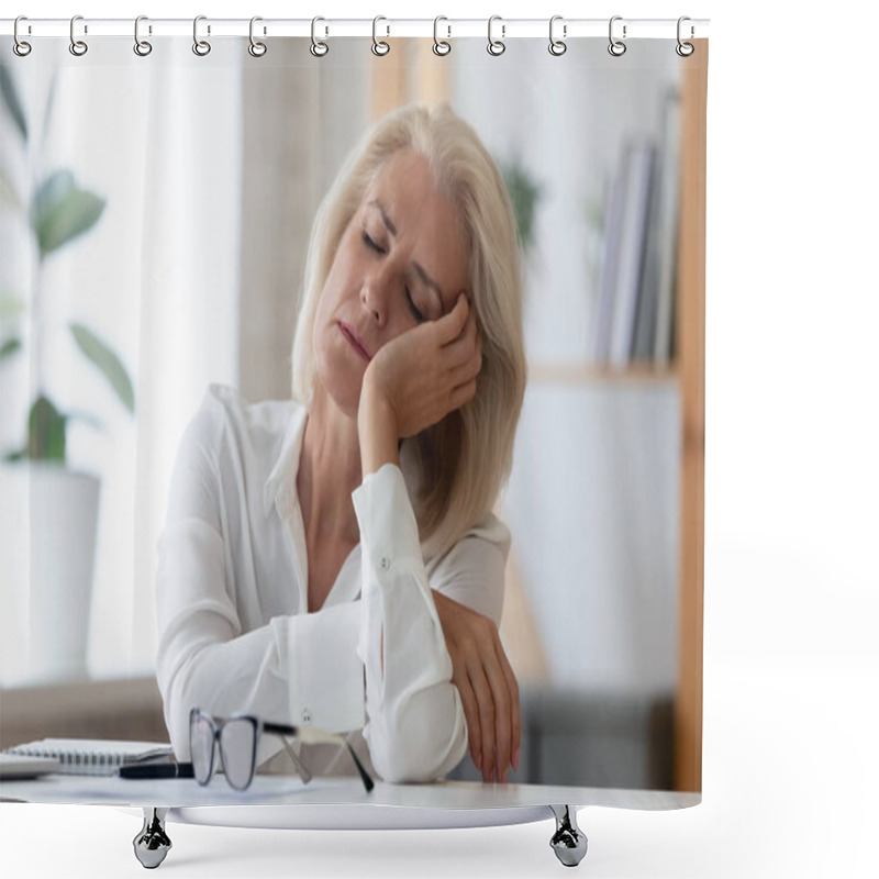 Personality  Exhausted Senior Businesswoman Fall Asleep At Workplace Shower Curtains