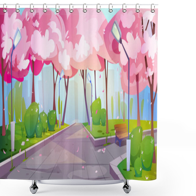 Personality  Landscape With Sakura. Blooming Pink Cherry Tree Flowers In Japanese Park. Empty Alley For Relaxing Walk With Green Grass And Falling Petals. Romantic Spring Scenery. Cartoon Flat Vector Illustration Shower Curtains